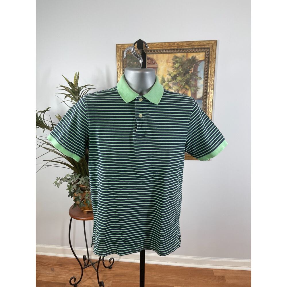 Merona Polo Shirt‎ Men's Small Green Black Striped Short Sleeve Americana Sporty